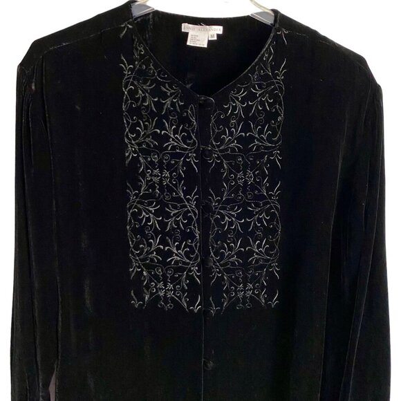 Annie Alexander Women's Black Velvety Embellished Button-Down Blouse Medium - Picture 1 of 11